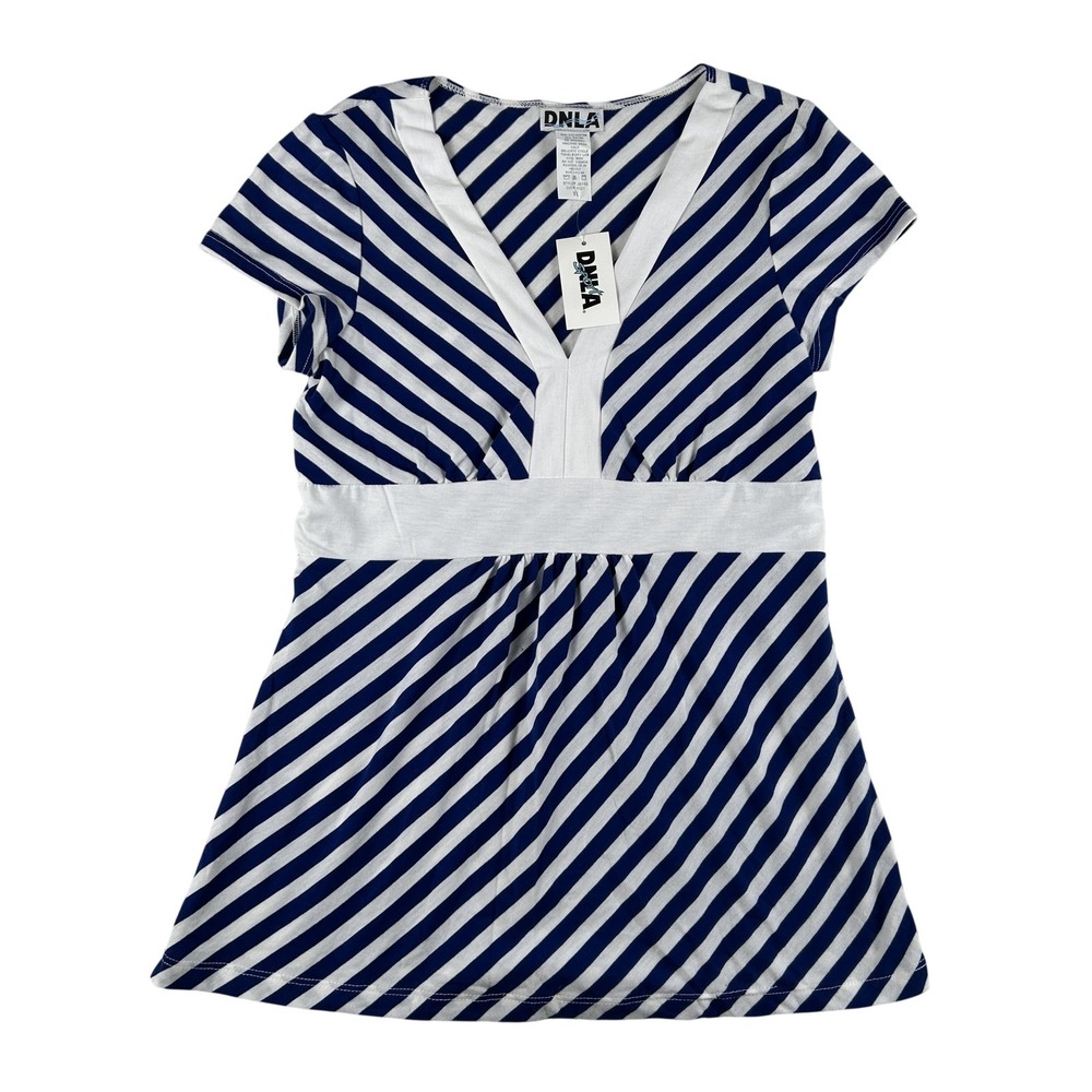 Vintage DNLA Shirt Womens XL Babydoll Striped V-Neck Top Jersey Stretch Y2K 2000